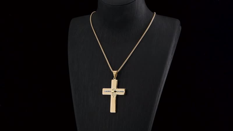 Austrian Crystal Cross Symbol of Faith Men's Pendant Necklace (24 Inches) in ION Plated YG Stainless Steel