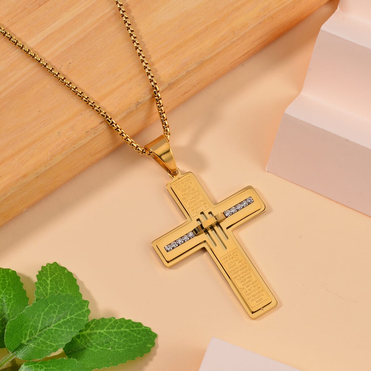 Austrian Crystal Cross Symbol of Faith Men's Pendant Necklace (24 Inches) in ION Plated YG Stainless Steel image number 1
