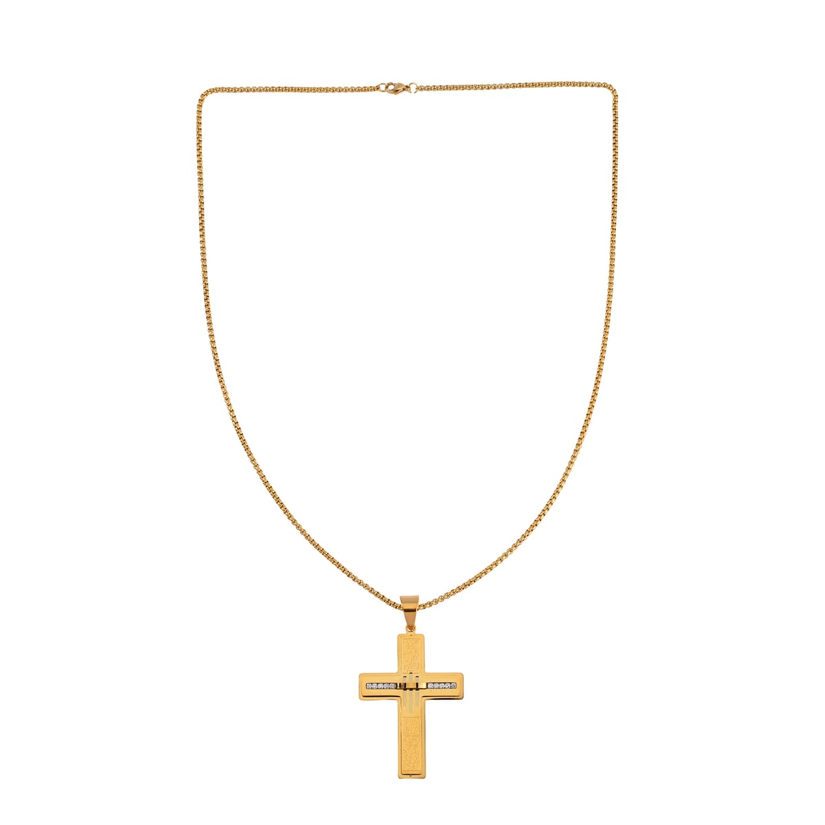 Austrian Crystal Cross Symbol of Faith Men's Pendant Necklace (24 Inches) in ION Plated YG Stainless Steel image number 2