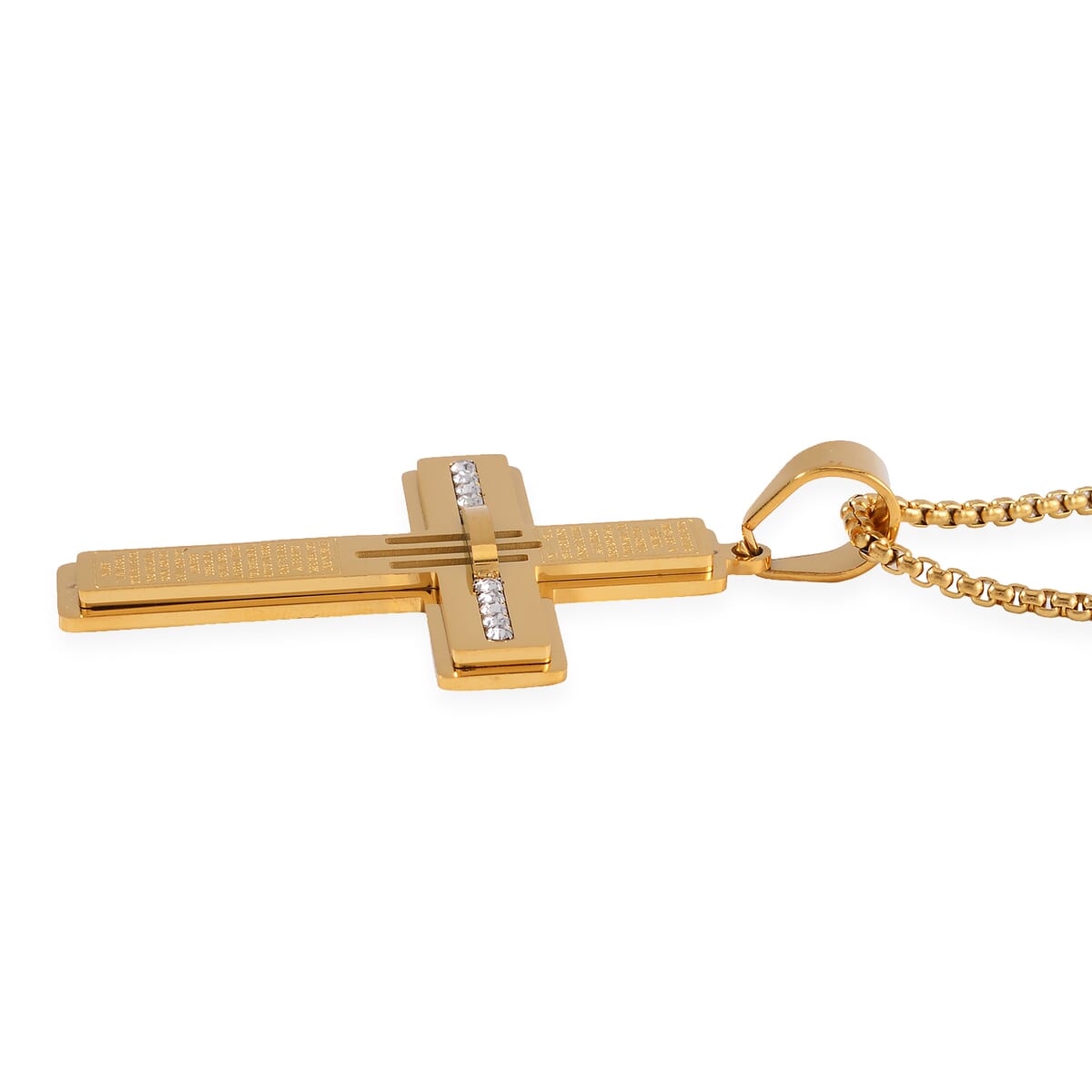 Austrian Crystal Cross Symbol of Faith Men's Pendant Necklace (24 Inches) in ION Plated YG Stainless Steel image number 3