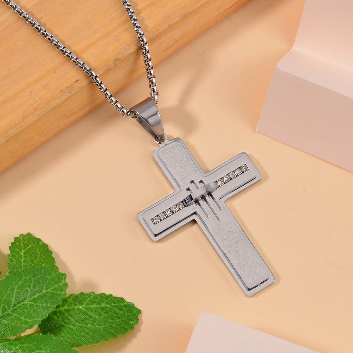 Austrian Crystal Cross Symbol of Faith Pendant Necklace 24 Inches in Stainless Steel image number 1