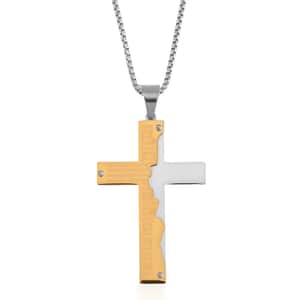 Bible Cross Pendant Necklace 24 Inches in ION Plated YG and Stainless Steel