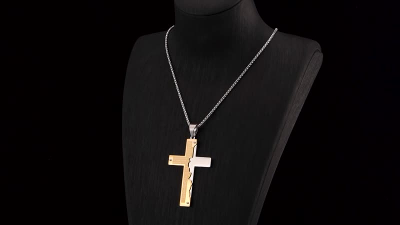 Bible Cross Men's Pendant Necklace 24 Inches in ION Plated YG and Stainless Steel