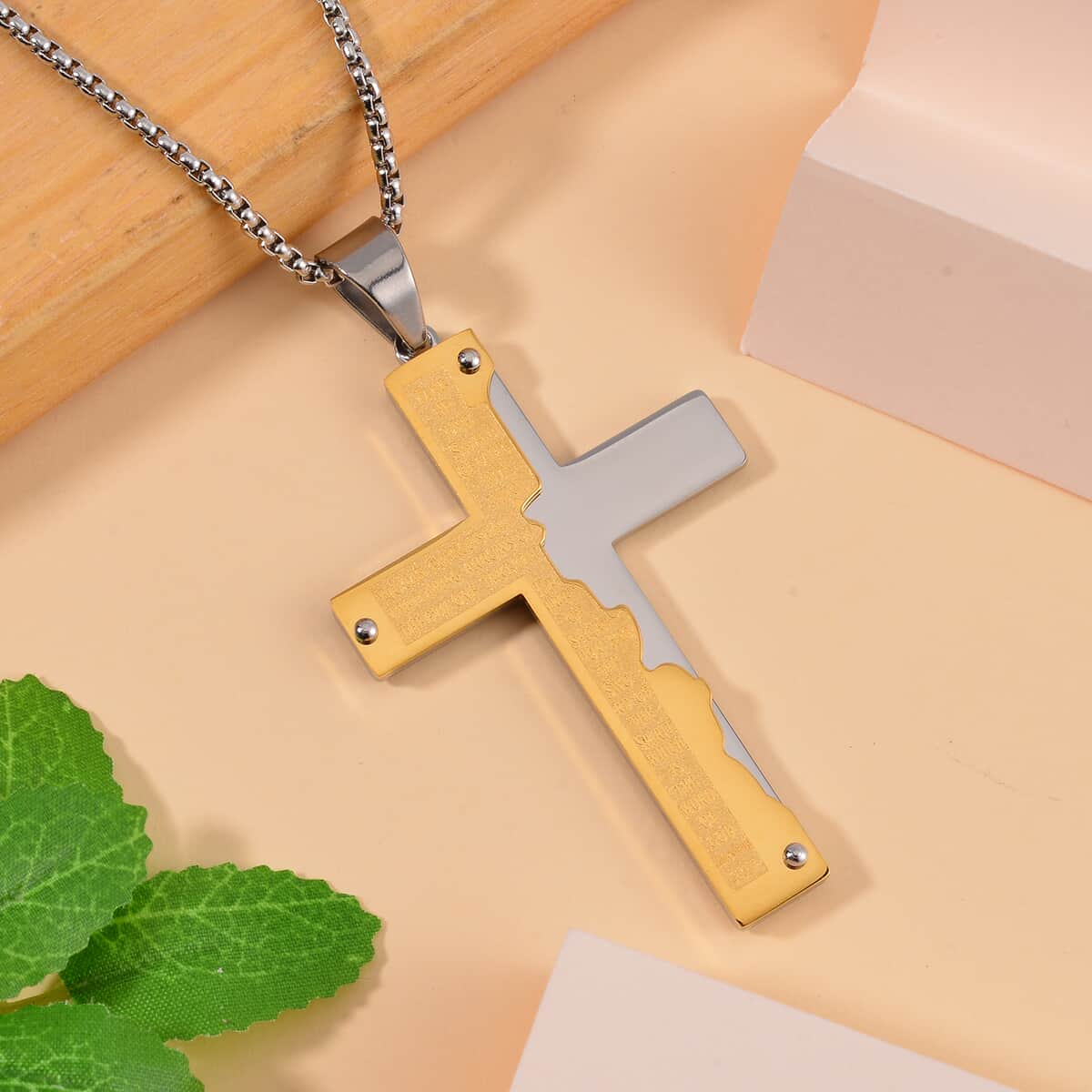 Bible Cross Pendant Necklace 24 Inches in ION Plated YG and Stainless Steel image number 1
