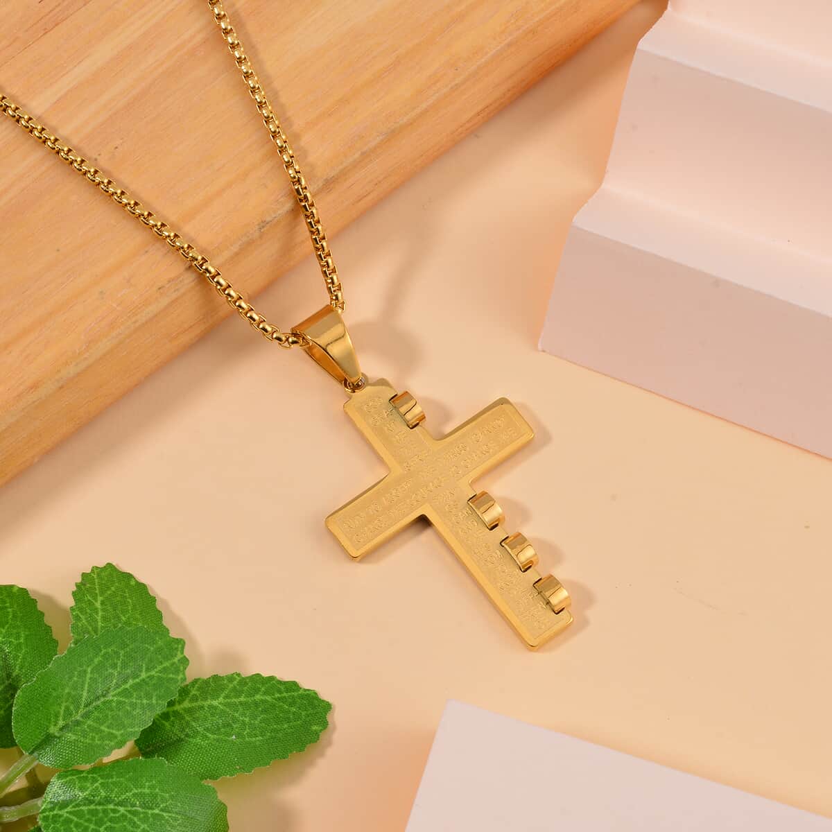Cross Pendant Necklace 24 Inches in ION Plated YG Stainless Steel image number 1