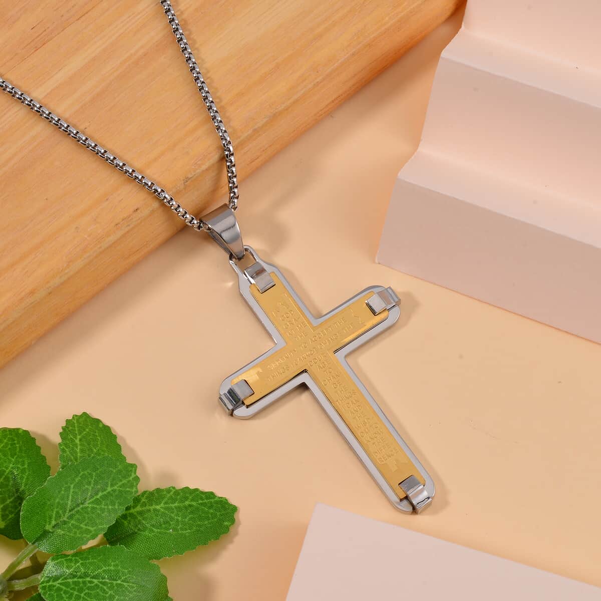 Cross Pendant Necklace 24 Inches in ION Plated YG and Stainless Steel image number 1