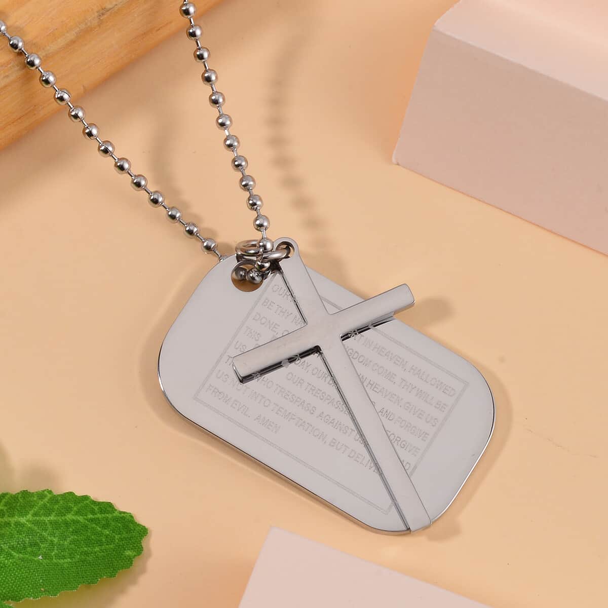 Cross with Bible Pendant Necklace 24-26 Inches in Stainless Steel image number 1