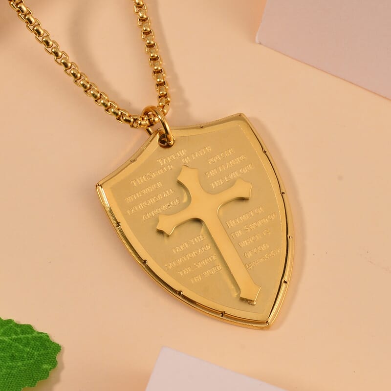 Cross with Bible Mens Pendant Necklace 24 Inches in ION Plated YG Stainless Steel
