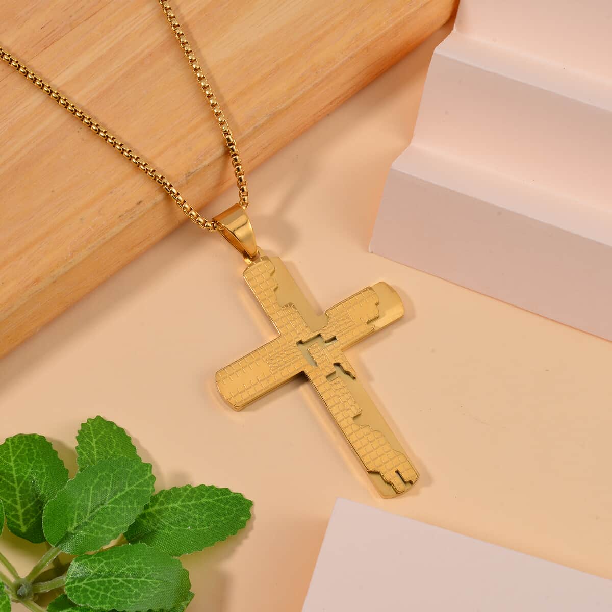 Cross Pendant Necklace 24 Inches in ION Plated YG Stainless Steel image number 1