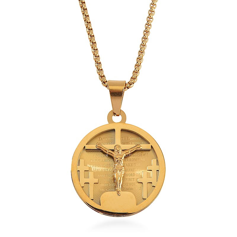 Bible Cross Coin Men's Pendant Necklace 24 Inches in ION Plated YG Stainless Steel