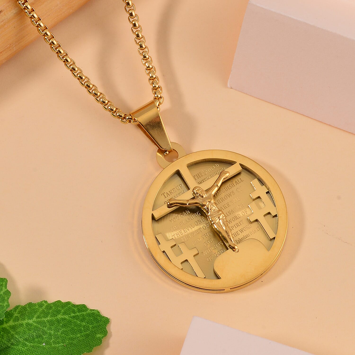 Bible Cross Coin Men's Pendant Necklace 24 Inches in ION Plated YG Stainless Steel