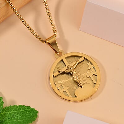 Bible Cross Coin Men's Pendant Necklace 24 Inches in ION Plated YG Stainless Steel