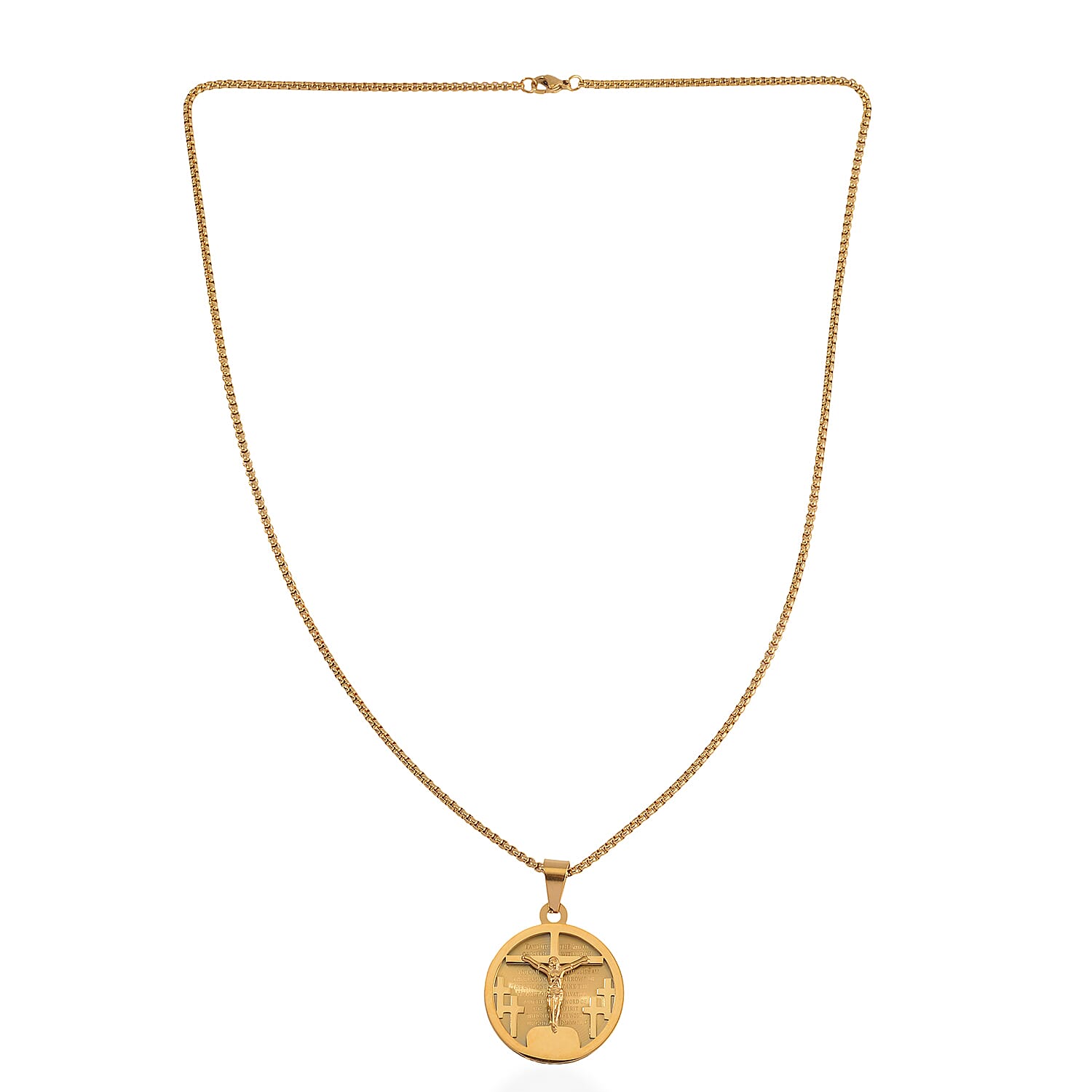 Bible Cross Coin Men's Pendant Necklace 24 Inches in ION Plated YG Stainless Steel