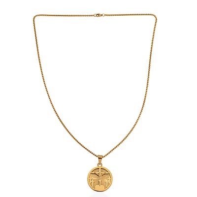 Bible Cross Coin Men's Pendant Necklace 24 Inches in ION Plated YG Stainless Steel