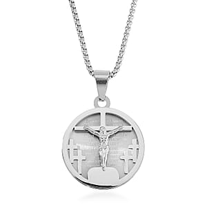 Bible Cross Coin Men's Pendant Necklace 24 Inches in Stainless Steel