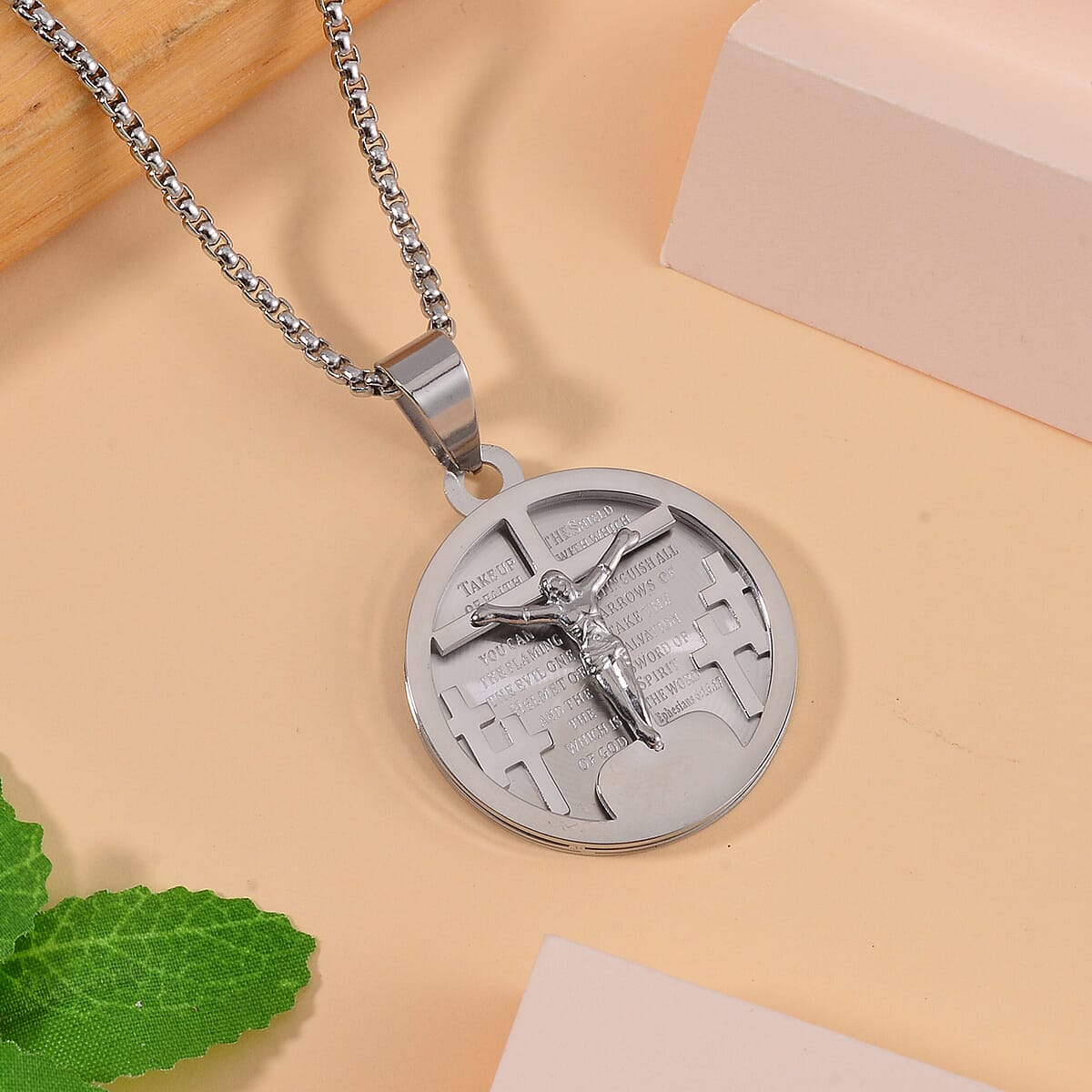 Bible Cross Coin Men's Pendant Necklace 24 Inches in Stainless Steel image number 1