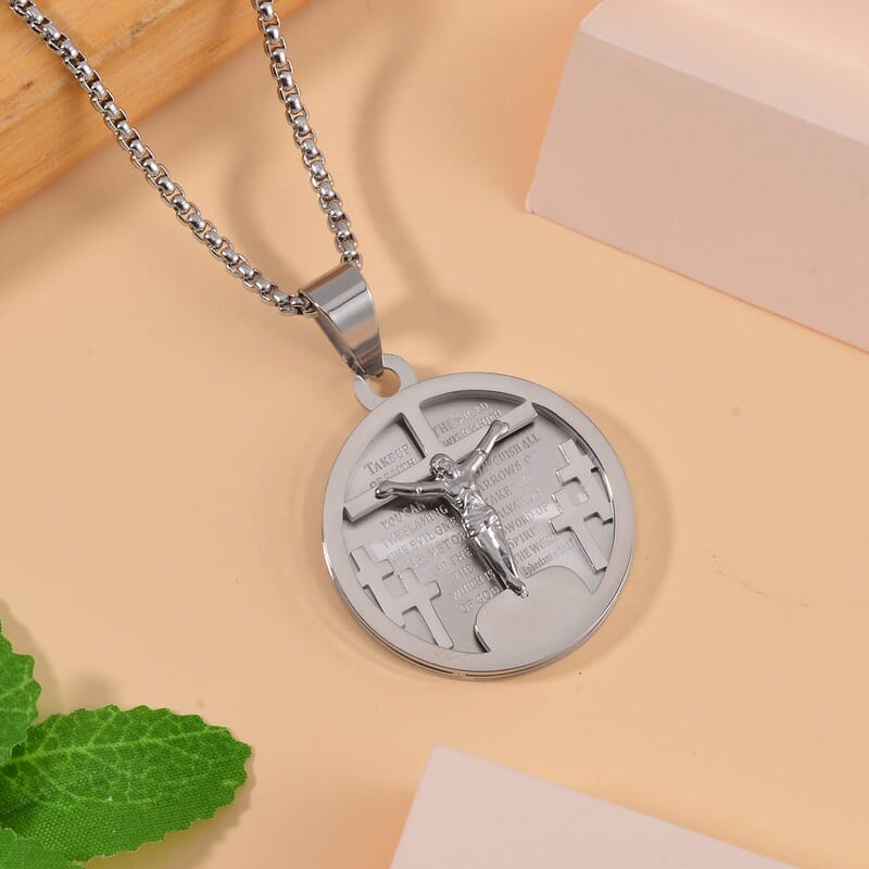 Bible Cross Coin Men's Pendant Necklace 24 Inches in Stainless Steel
