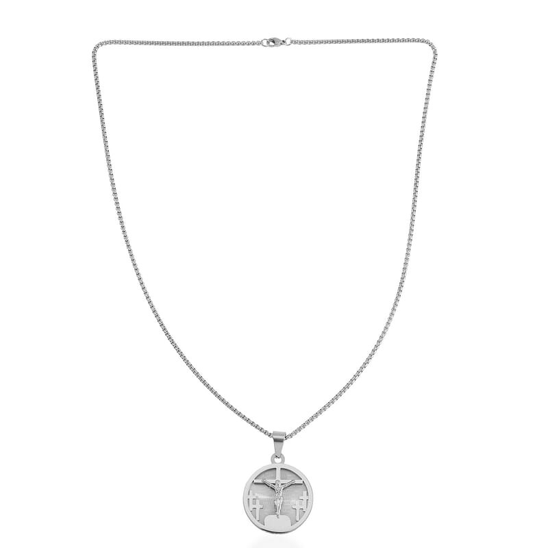 Bible Cross Coin Men's Pendant Necklace 24 Inches in Stainless Steel