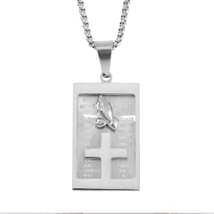 Cross with Bible Pendant Necklace 24 Inches in Stainless Steel