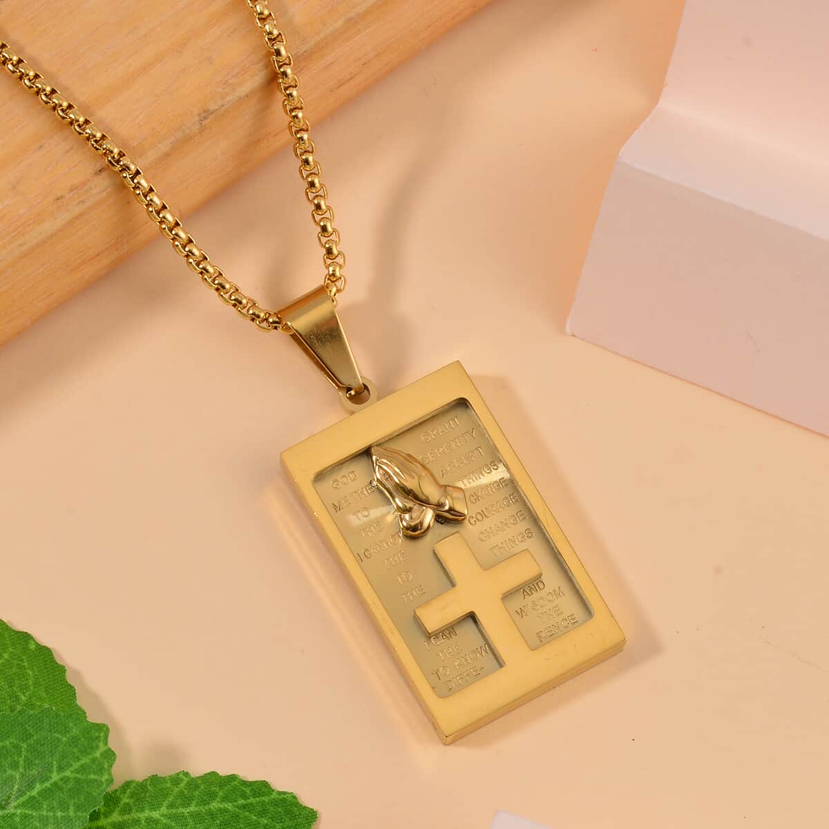 Cross with Bible Pendant Necklace 24 Inches in ION Plated YG Stainless Steel image number 1