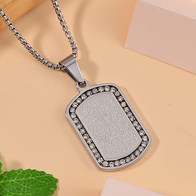 Austrian Crystal Cross with Bible Men's Pendant Necklace (24 Inches) in Stainless Steel