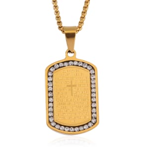 Austrian Crystal Cross Pendant with Bible Men's Pendant Necklace 24 Inches in ION Plated YG Stainless Steel