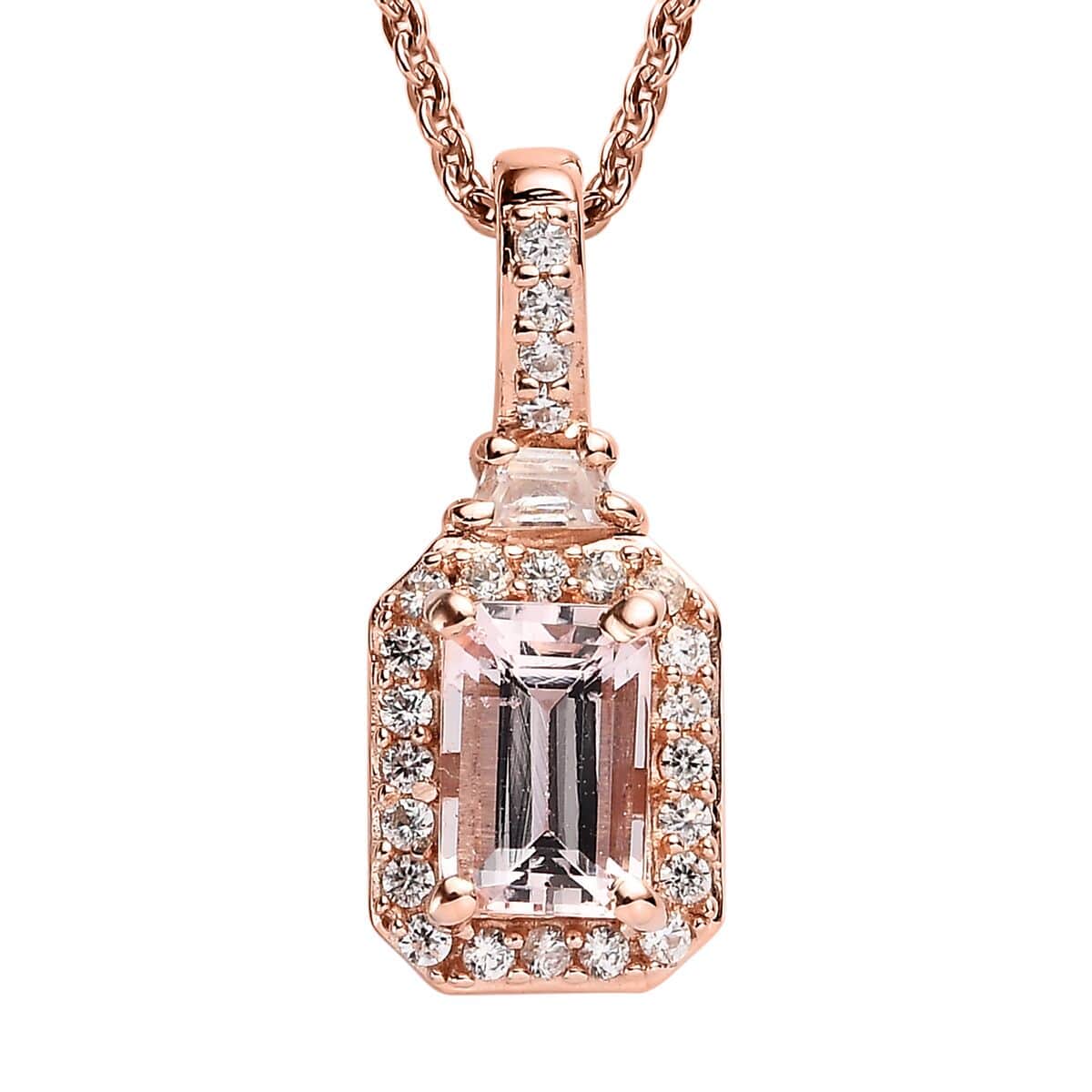 Premium Pink Morganite and White Zircon Halo Pendant Necklace 20 Inches in Vermeil Rose Gold Over Sterling Silver 0.80 ctw image number 0