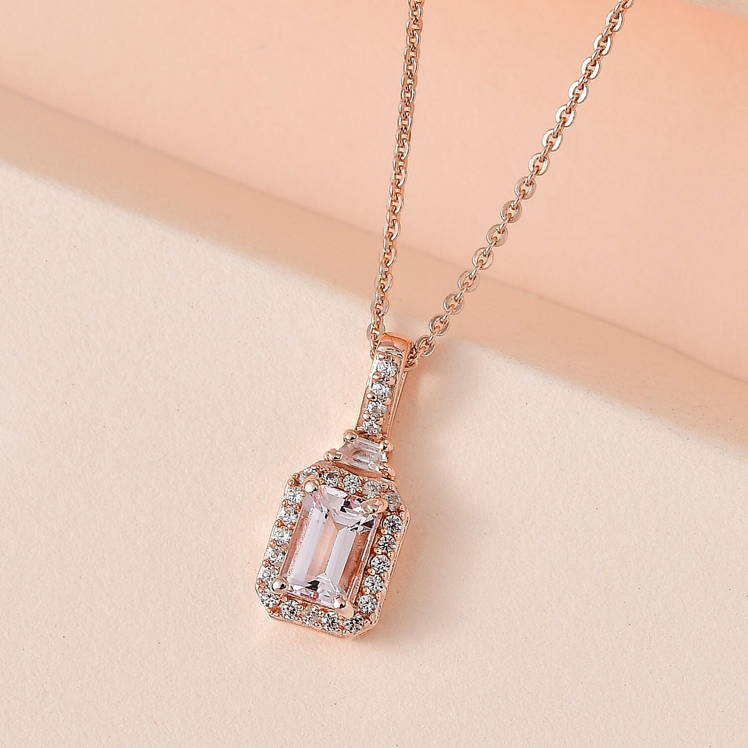 Premium Pink Morganite and White Zircon Halo Pendant Necklace 20 Inches in Vermeil Rose Gold Over Sterling Silver 0.80 ctw
