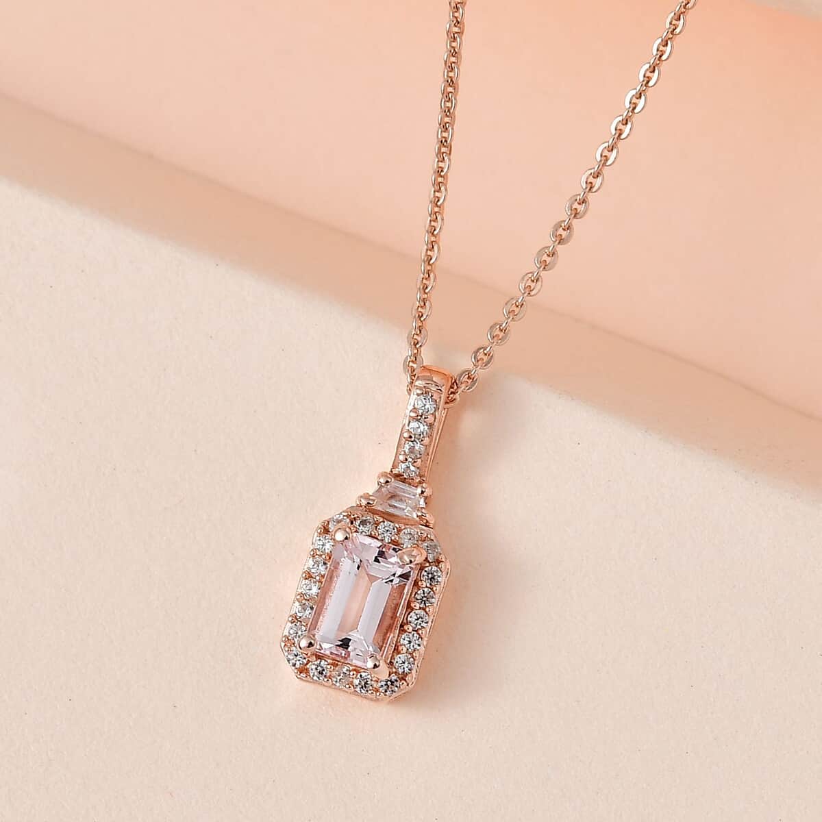 Premium Pink Morganite and White Zircon Halo Pendant Necklace 20 Inches in Vermeil Rose Gold Over Sterling Silver 0.80 ctw image number 1