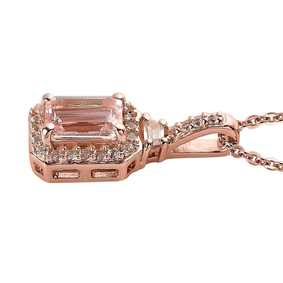 Premium Pink Morganite and White Zircon Halo Pendant Necklace 20 Inches in Vermeil Rose Gold Over Sterling Silver 0.80 ctw