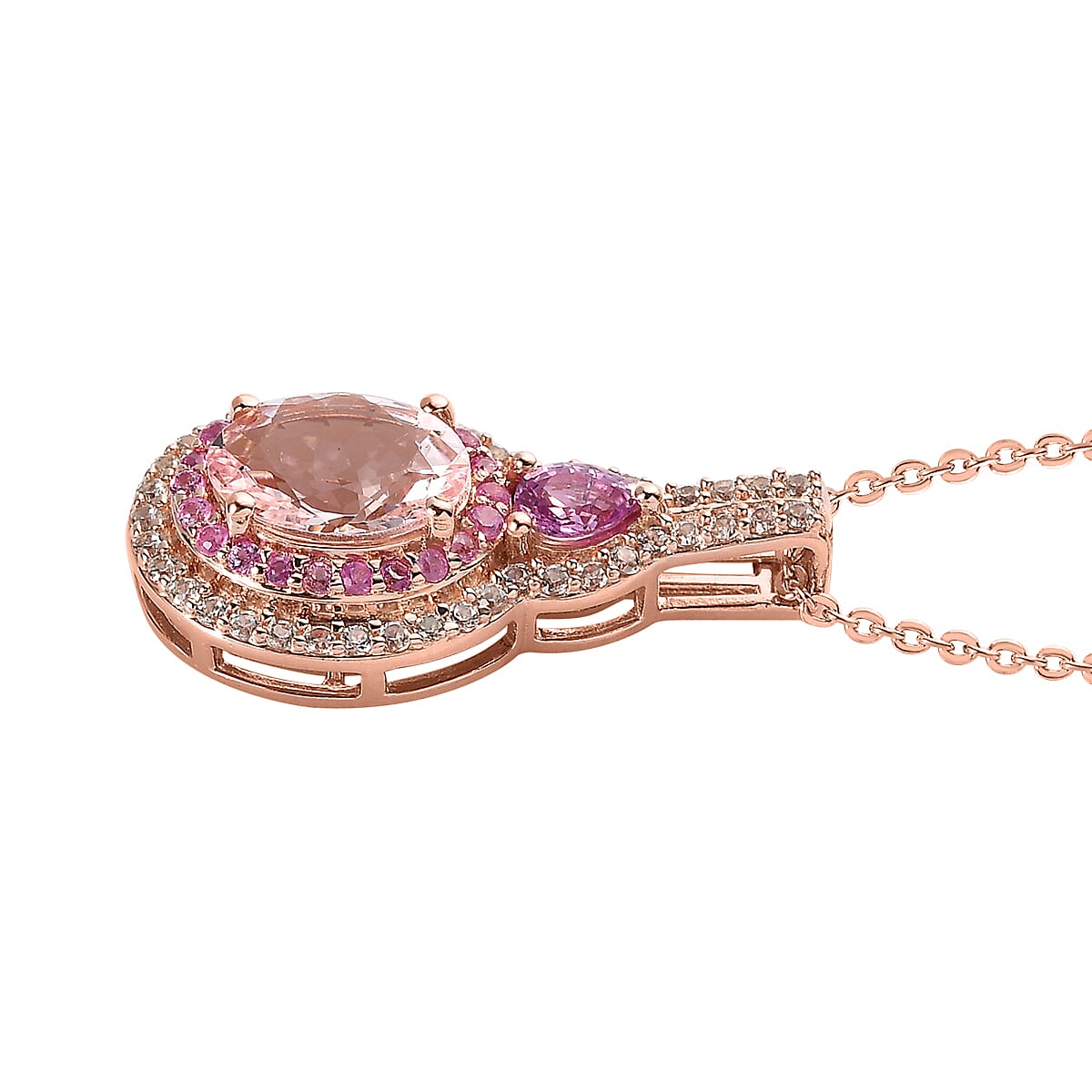 Premium Pink Morganite and Multi Gemstone Cocktail Pendant Necklace 20 Inches in Vermeil Rose Gold Over Sterling Silver 1.85 ctw image number 3