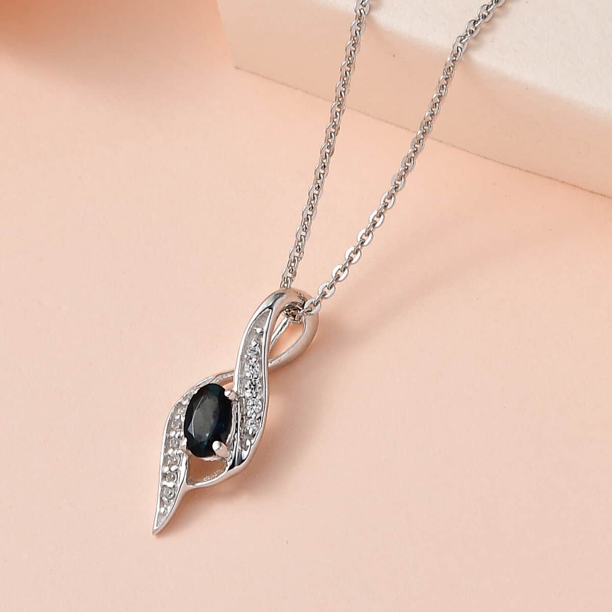 Monte Belo Indicolite and White Zircon Pendant Necklace 20 Inches in Platinum Over Sterling Silver 0.30 ctw image number 1