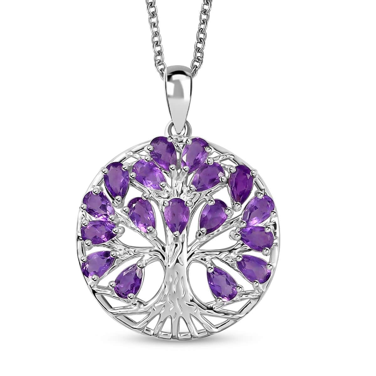 African Amethyst Pendant in Tree of Life Platinum Over Sterling Silver with Stainless Steel Necklace 20 Inches 3.40 ctw image number 0