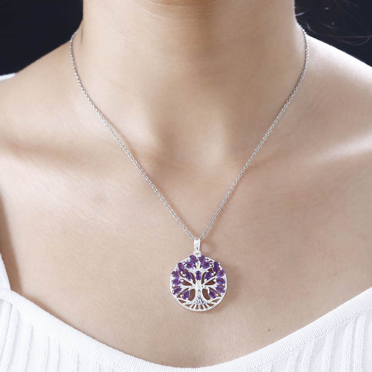 African Amethyst Pendant in Tree of Life Platinum Over Sterling Silver with Stainless Steel Necklace 20 Inches 3.40 ctw image number 2