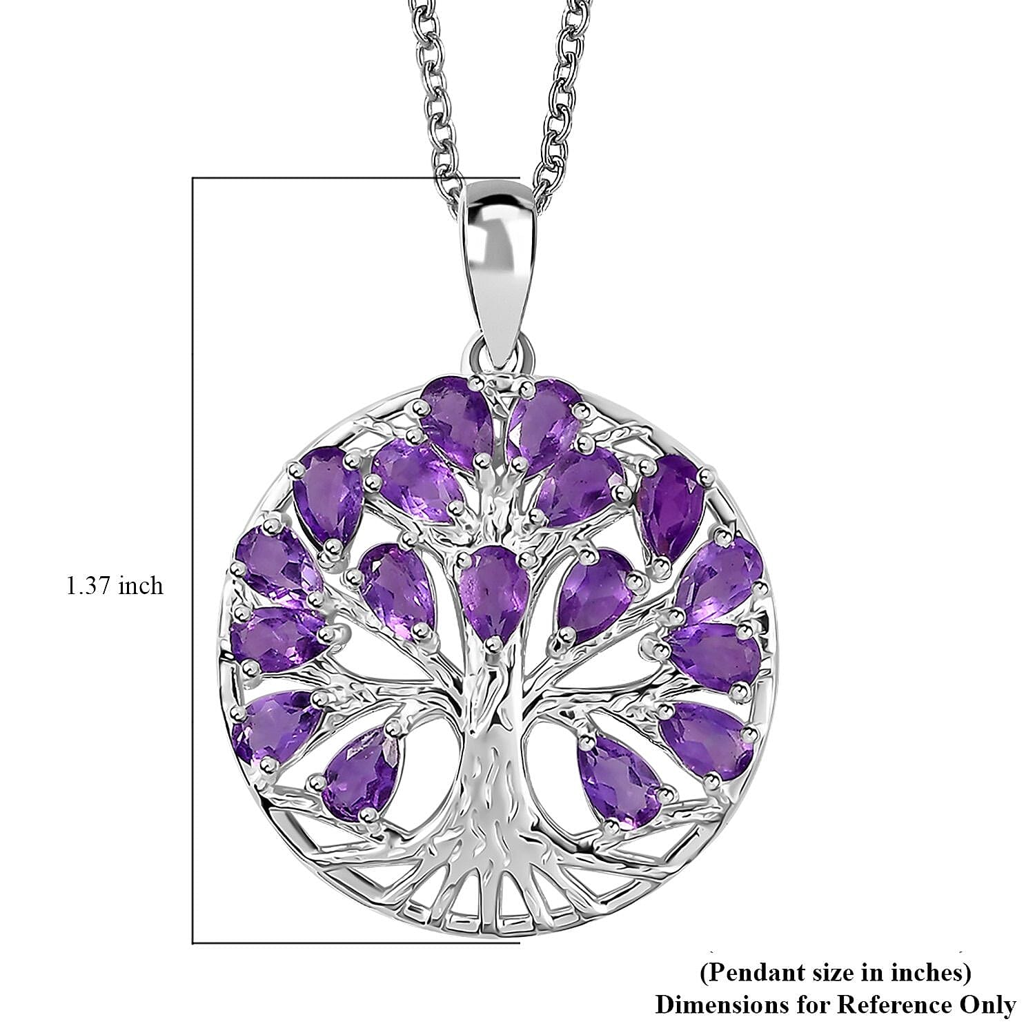 African Amethyst Pendant in Tree of Life Platinum Over Sterling Silver with Stainless Steel Necklace 20 Inches 3.40 ctw