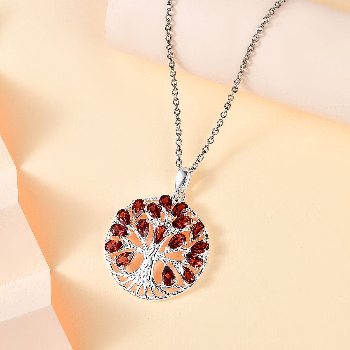 Mozambique Garnet Pendant in Tree of Life Platinum Over Sterling Silver with Stainless Steel Necklace 20 Inches 3.40 ctw image number 1
