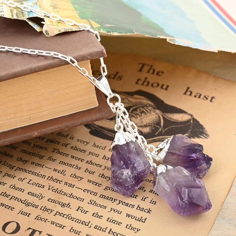 Amethyst Pendant Necklace 28.5-30.5 Inches in Silvertone 52.50 ctw