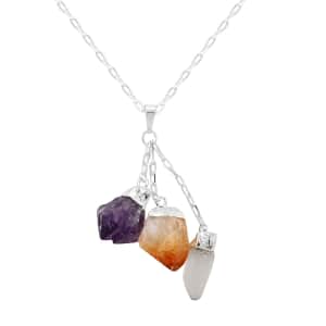 Clear Quartz and Multi Gemstone Pendant Necklace 28.5-30.5 Inches in Silvertone 42.50 ctw