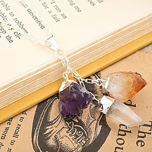 Clear Quartz and Multi Gemstone Pendant Necklace 28.5-30.5 Inches in Silvertone 42.50 ctw