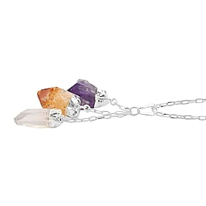 Clear Quartz and Multi Gemstone Pendant Necklace 28.5-30.5 Inches in Silvertone 42.50 ctw
