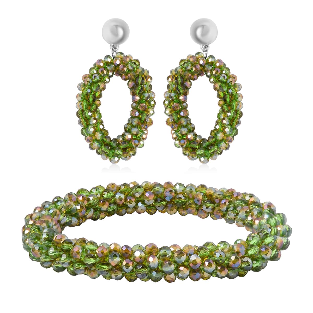 Green Magic Color Glass Beaded Bracelet (7.0-7.50In) and Earrings in Silvertone image number 0