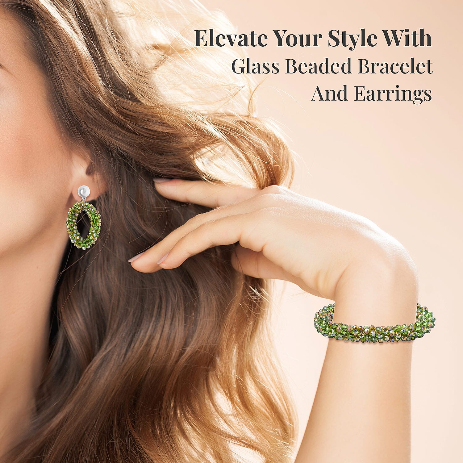 Green Magic Color Glass Beaded Bracelet (7.0-7.50In) and Earrings in Silvertone