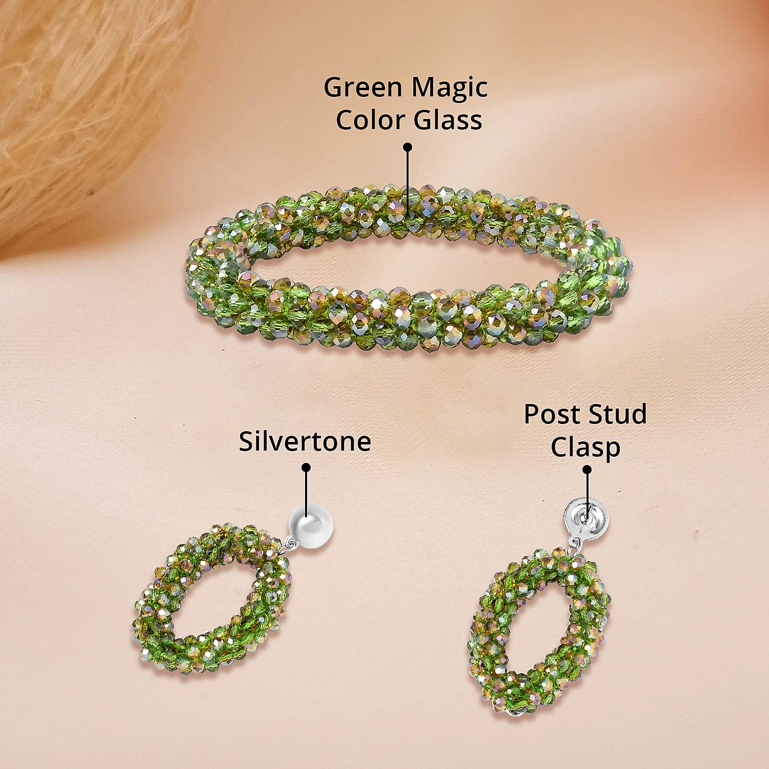 Green Magic Color Glass Beaded Bracelet (7.0-7.50In) and Earrings in Silvertone