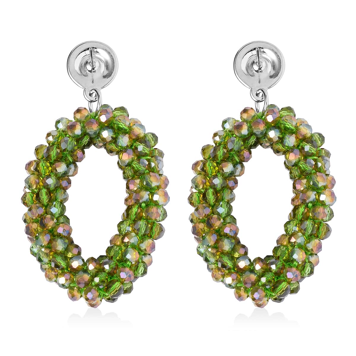 Green Magic Color Glass Beaded Bracelet (7.0-7.50In) and Earrings in Silvertone image number 5