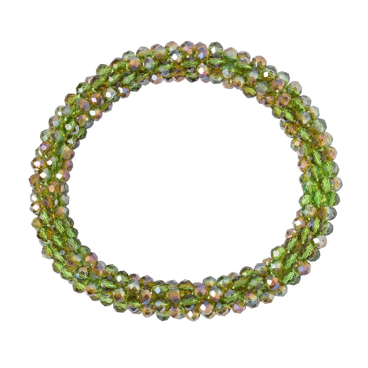 Green Magic Color Glass Beaded Bracelet (7.0-7.50In) and Earrings in Silvertone image number 6