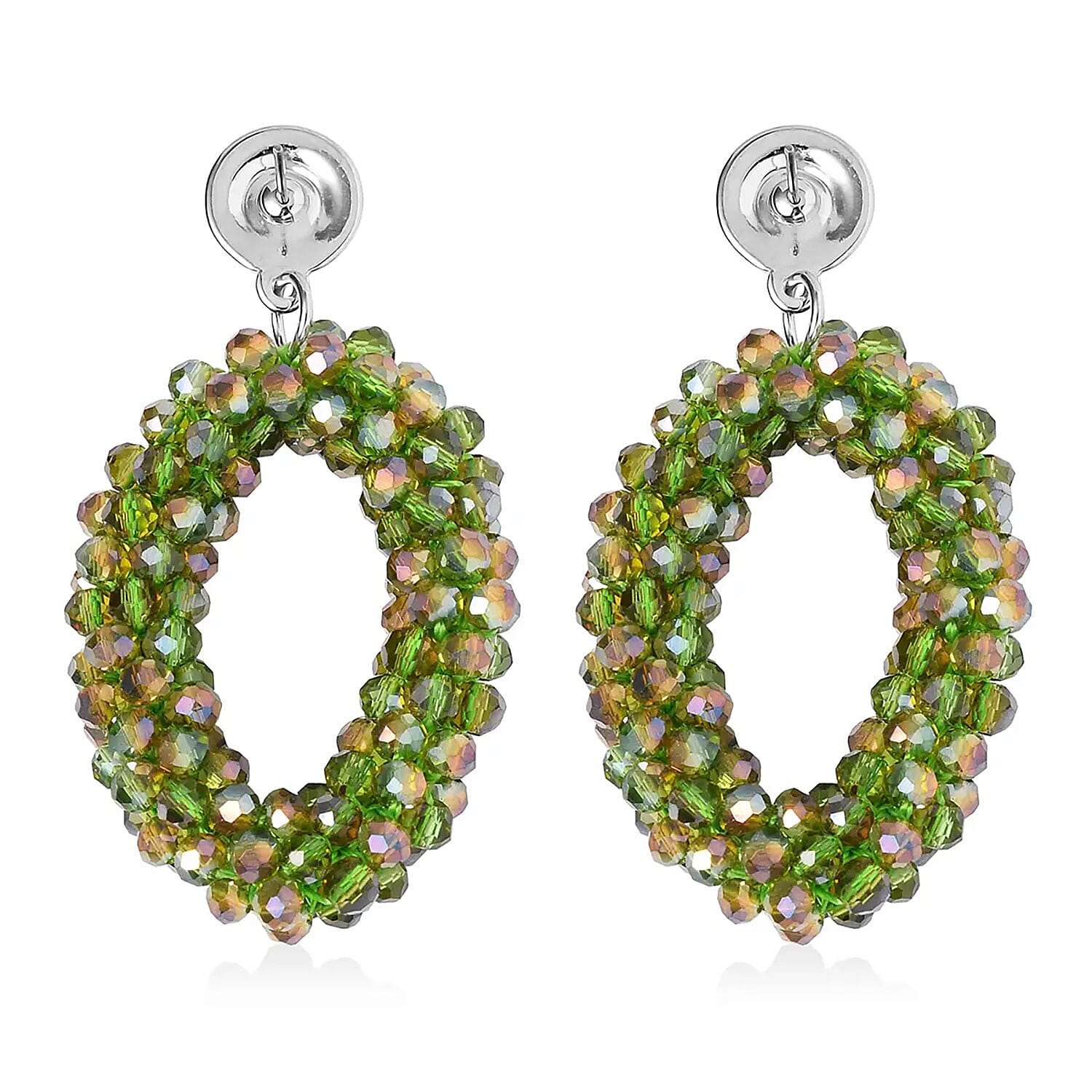 Green Magic Color Glass Beaded Bracelet (7.0-7.50In) and Earrings in Silvertone