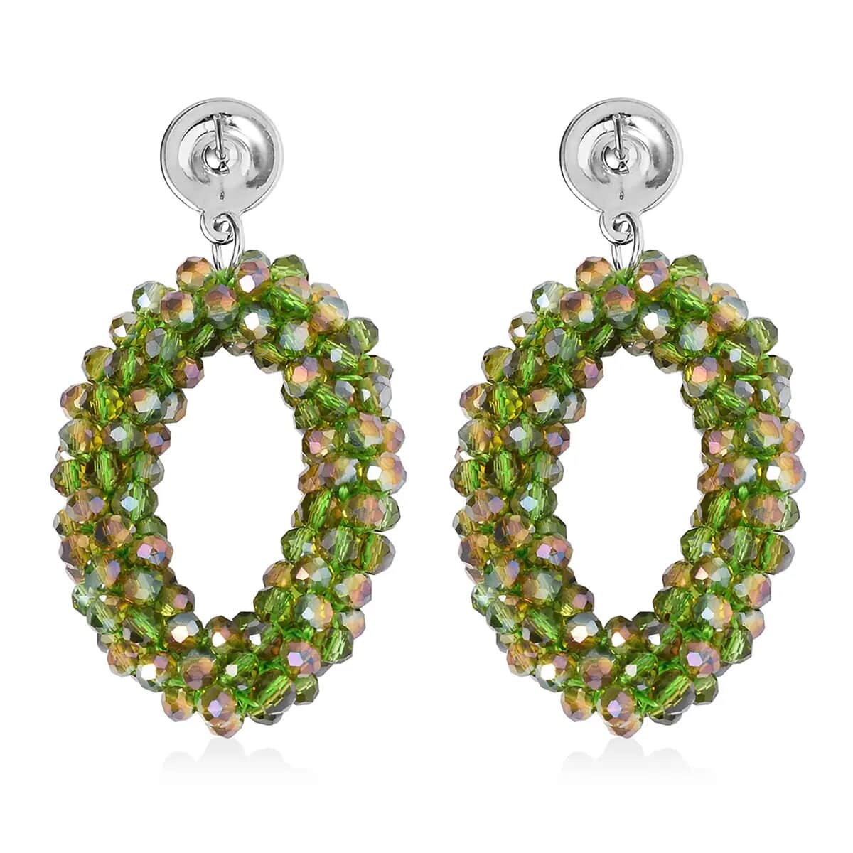 Green Magic Color Glass Beaded Bracelet (7.0-7.50In) and Earrings in Goldtone image number 7