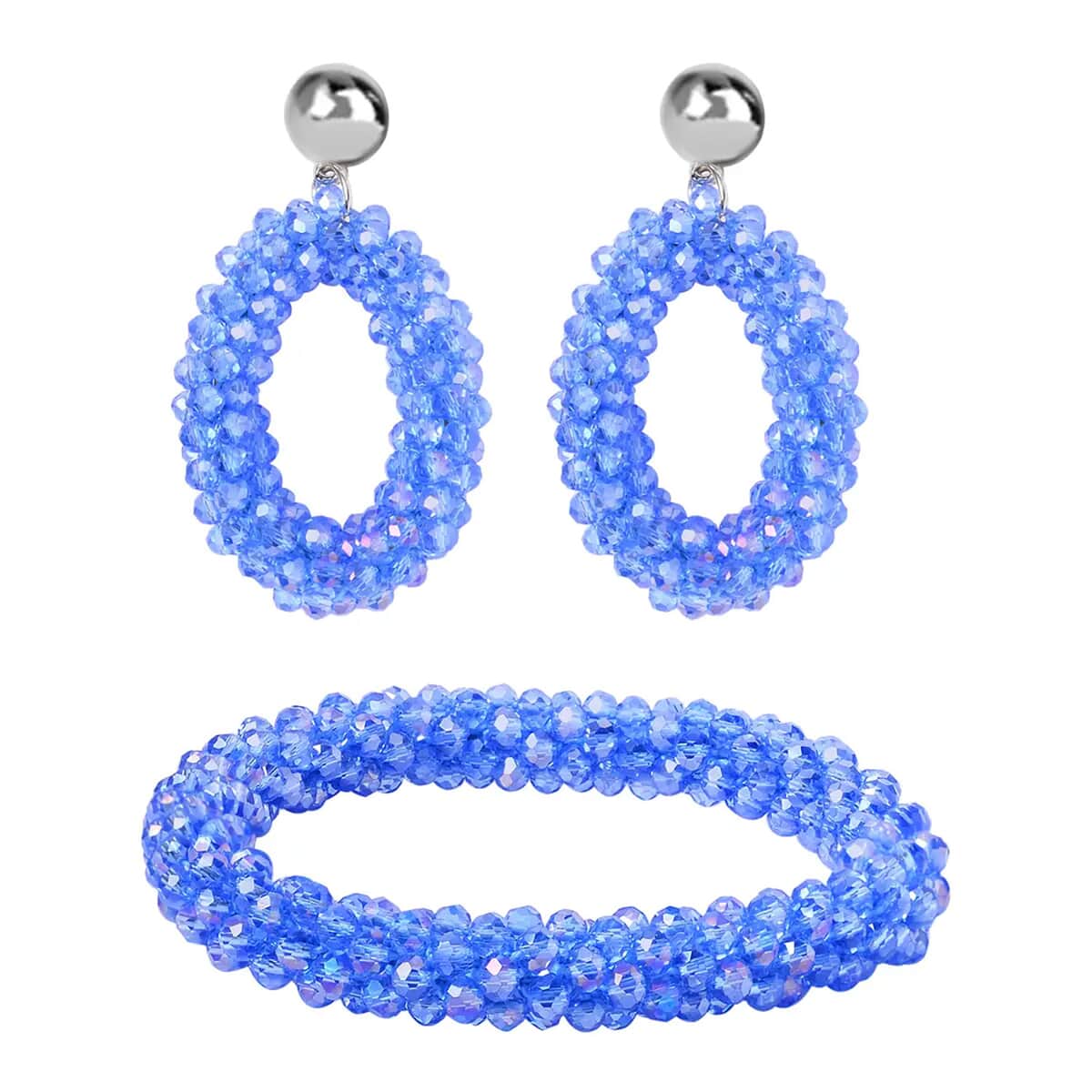 Blue Magic Color Glass Beaded Bracelet (7.0-7.50In) and Earrings in Silvertone image number 0