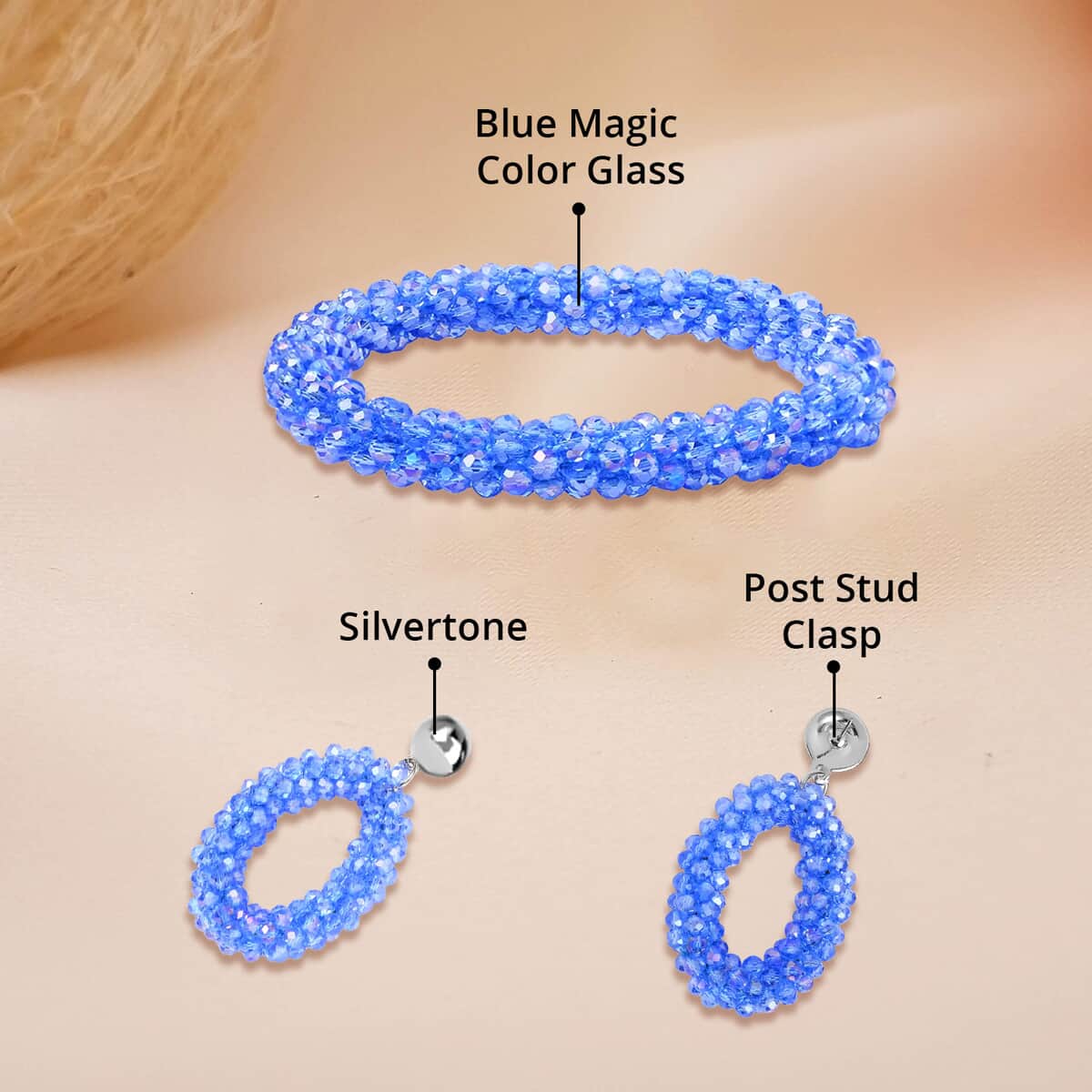 Blue Magic Color Glass Beaded Bracelet (7.0-7.50In) and Earrings in Silvertone image number 4