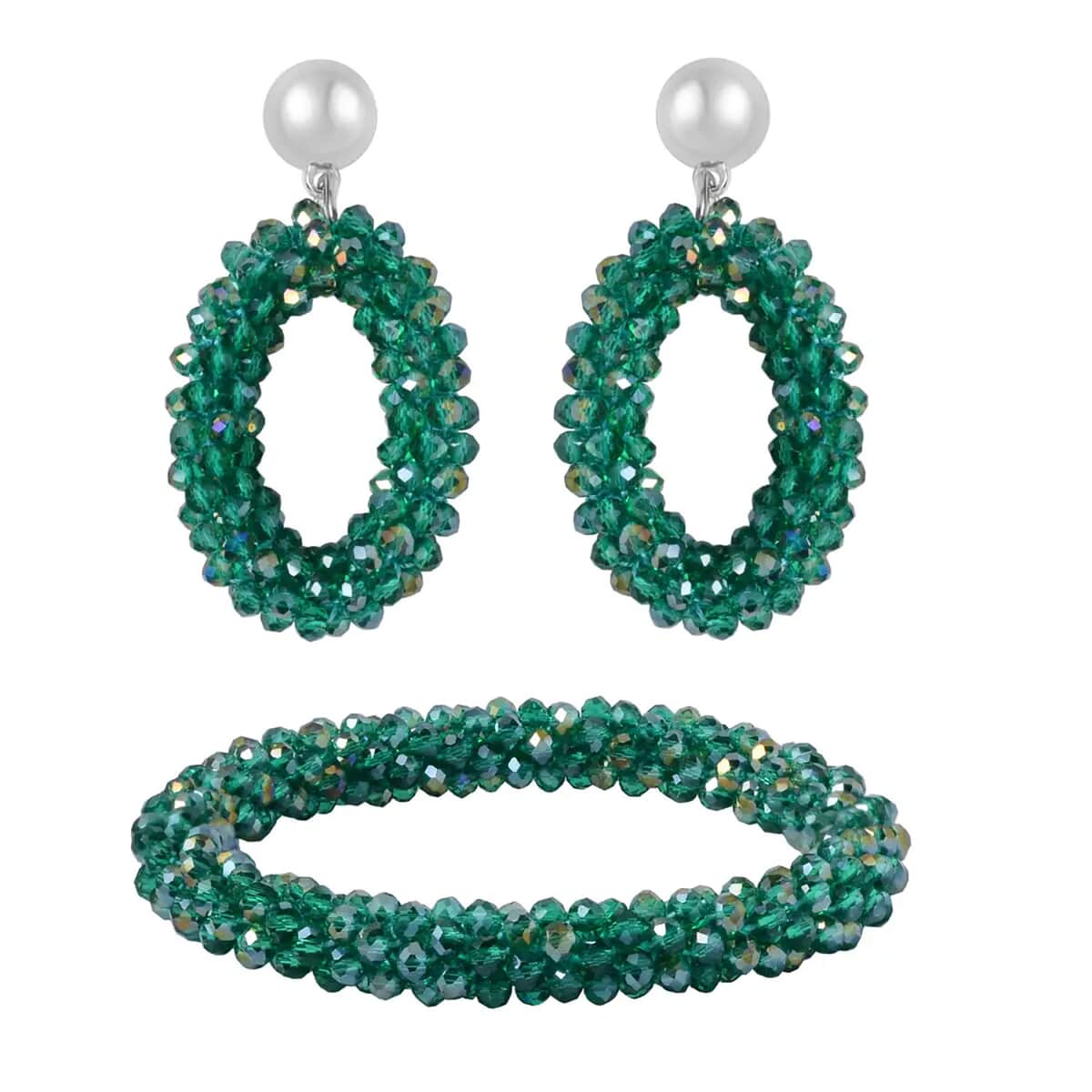 Forest Green Magic Color Glass Beaded Bracelet (7.0-7.50In) and Earrings in Silvertone image number 0